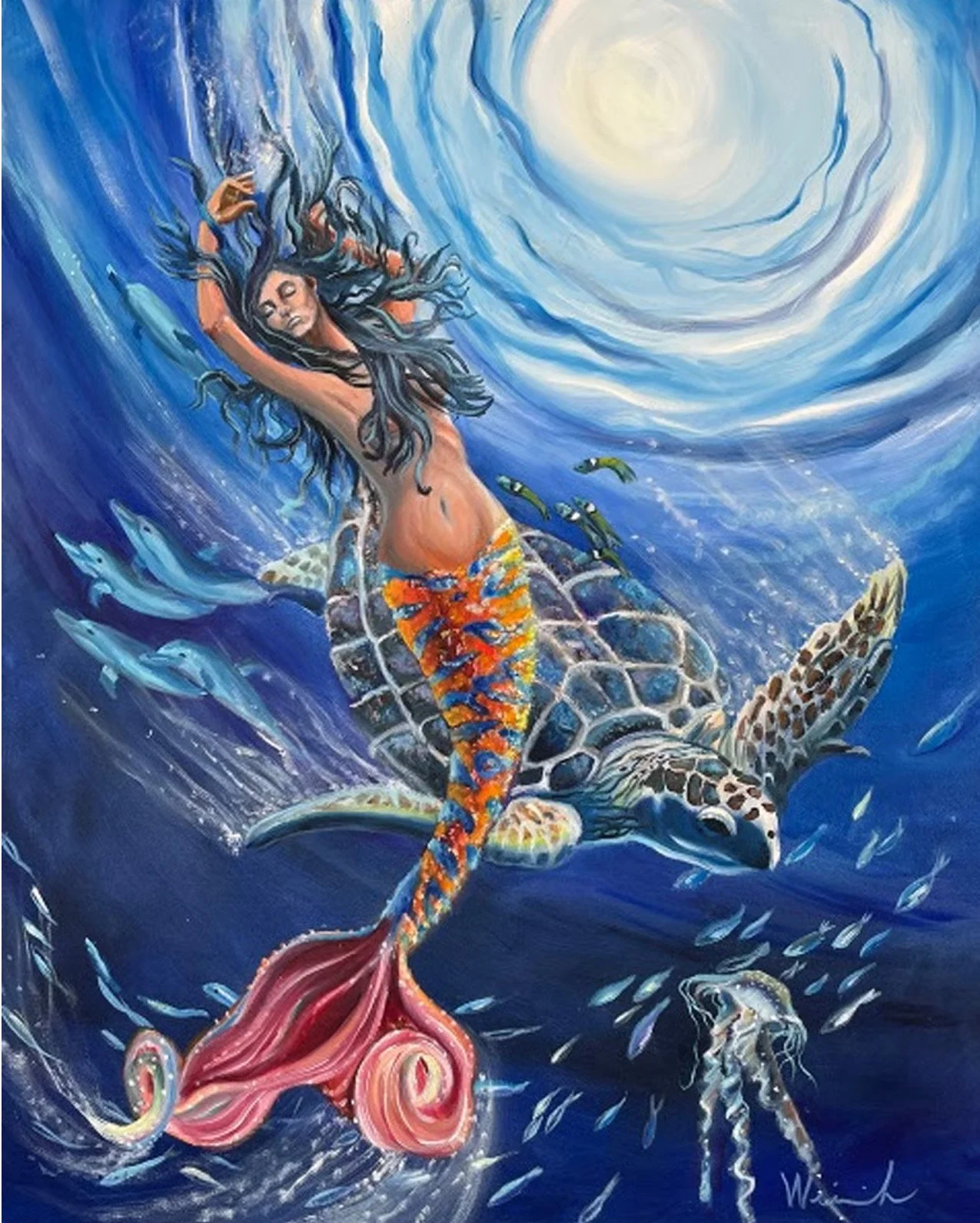 Jaymee Weinreich; Effervescence V; Oil; Through an interplay of light and symbolic form, we can consider the subtle harmony that exists between humans and animals, and where myth and reality meet beneath the waves.; $950