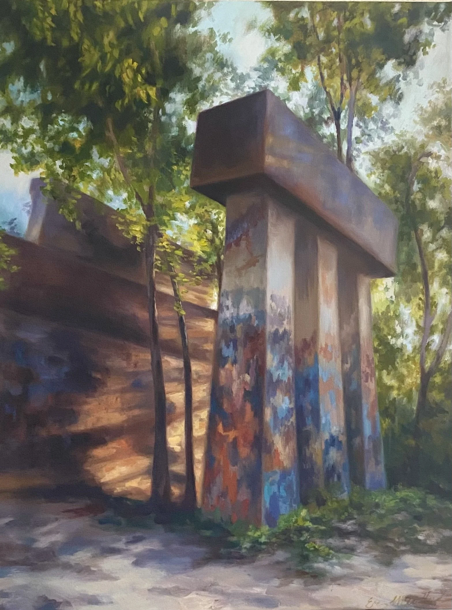 Erin McCullough; Yesterday’s Archway; 20x26”; Oil; This piece was inspired on one of my hikes along the Suwannee River. The structure and the way nature is taking back the land stirs emotions about history and nature’s resilience.; $465