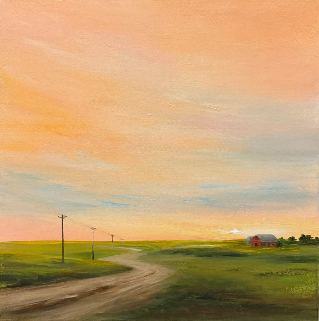 Sanjida Aftab; The Long Way Home; 22x22; Acrylic; This painting is my interpretation of Americana through the quiet beauty of the rural American landscape. A winding dirt road leading home, the distant barn and coral sunset.; $1200