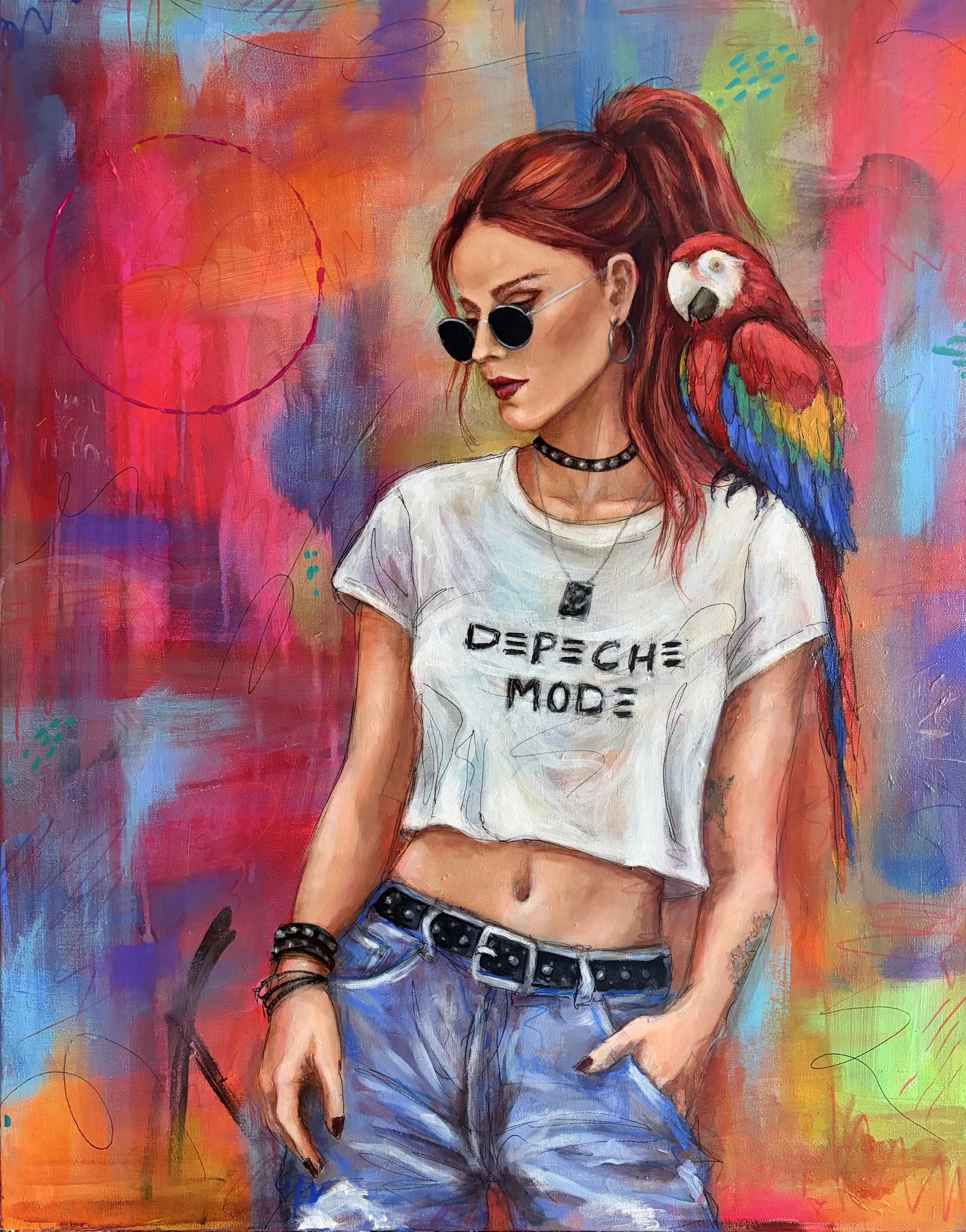 Michelle Delisle - “The Parrot Frequency” - 22” x 28” - Acrylic - Rooted in Gen X grit—analog noise, alt culture, rebellion. The Parrot Frequency is about finding your signal in the static and having the confidence to broadcast it. - $700 