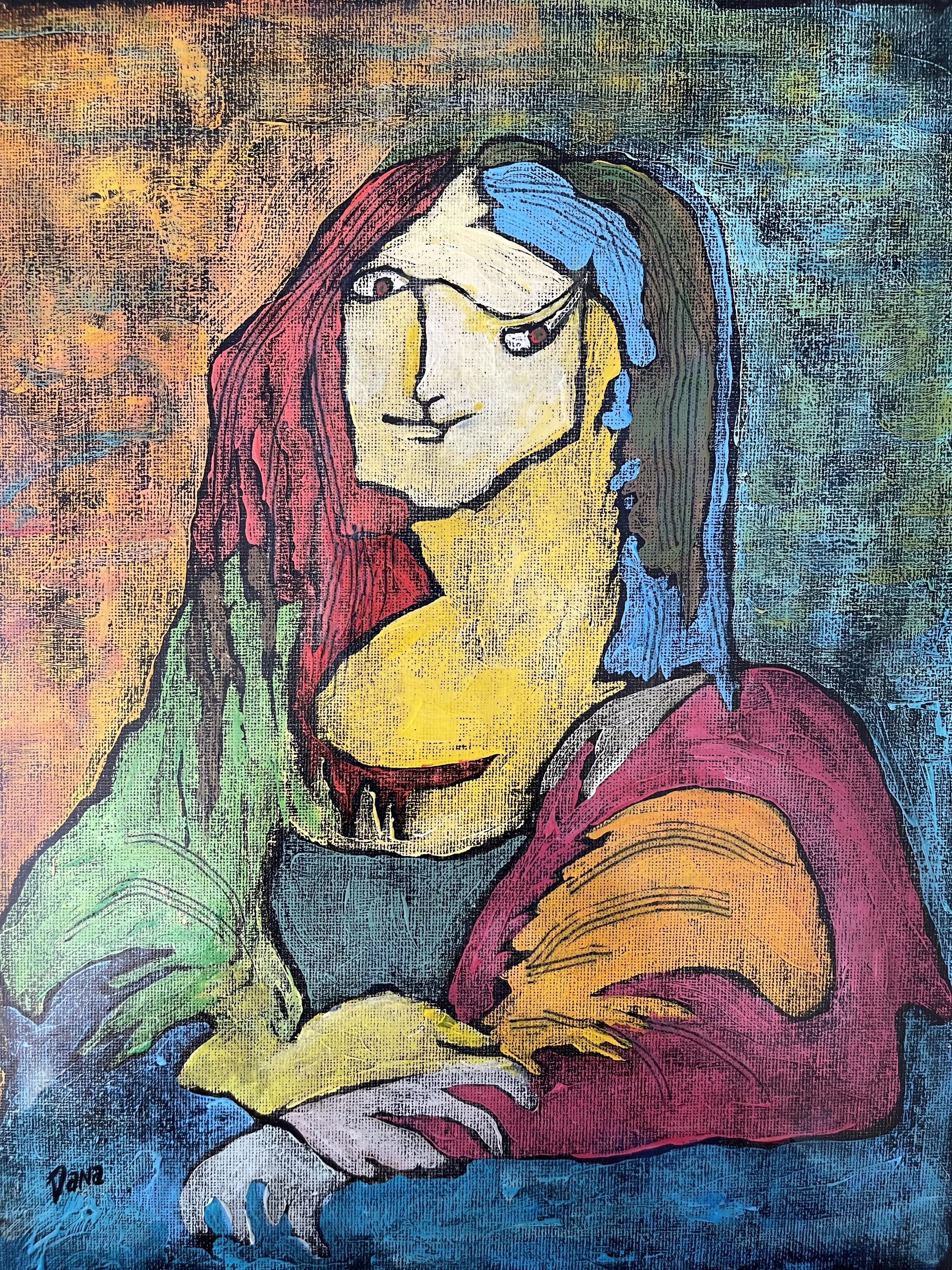 Dana Wright; Blind-Contour Mona; Acrylic Ink Resist; Blind contour -- not picking up the pencil OR ever looking at the drawing at any point! Challenging process with fun results! Ink resist over acrylics for added abstract effects.; 12.5x15"; 195