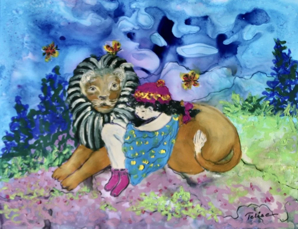 A Telise Rodelv - A Quiet Moment where strength becomes sanctuary - 11"x17" - acrylic and oil - There they remained, the girl and the king of the wild, one guarding the other, in a silence softer than sleep. - $400. 