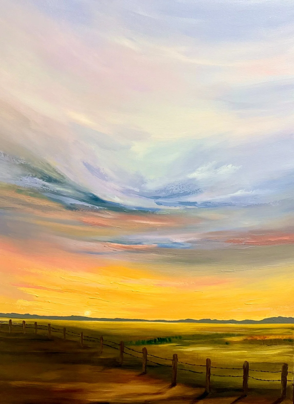 Sanjida Aftab; Horizon Glow; 32x42; Acrylic; An American sunset over farmland, where a quiet dirt road leads to the horizon, framed by weathered fences and glowing skies, evoking nostalgia and stillness of rural America.; $2000