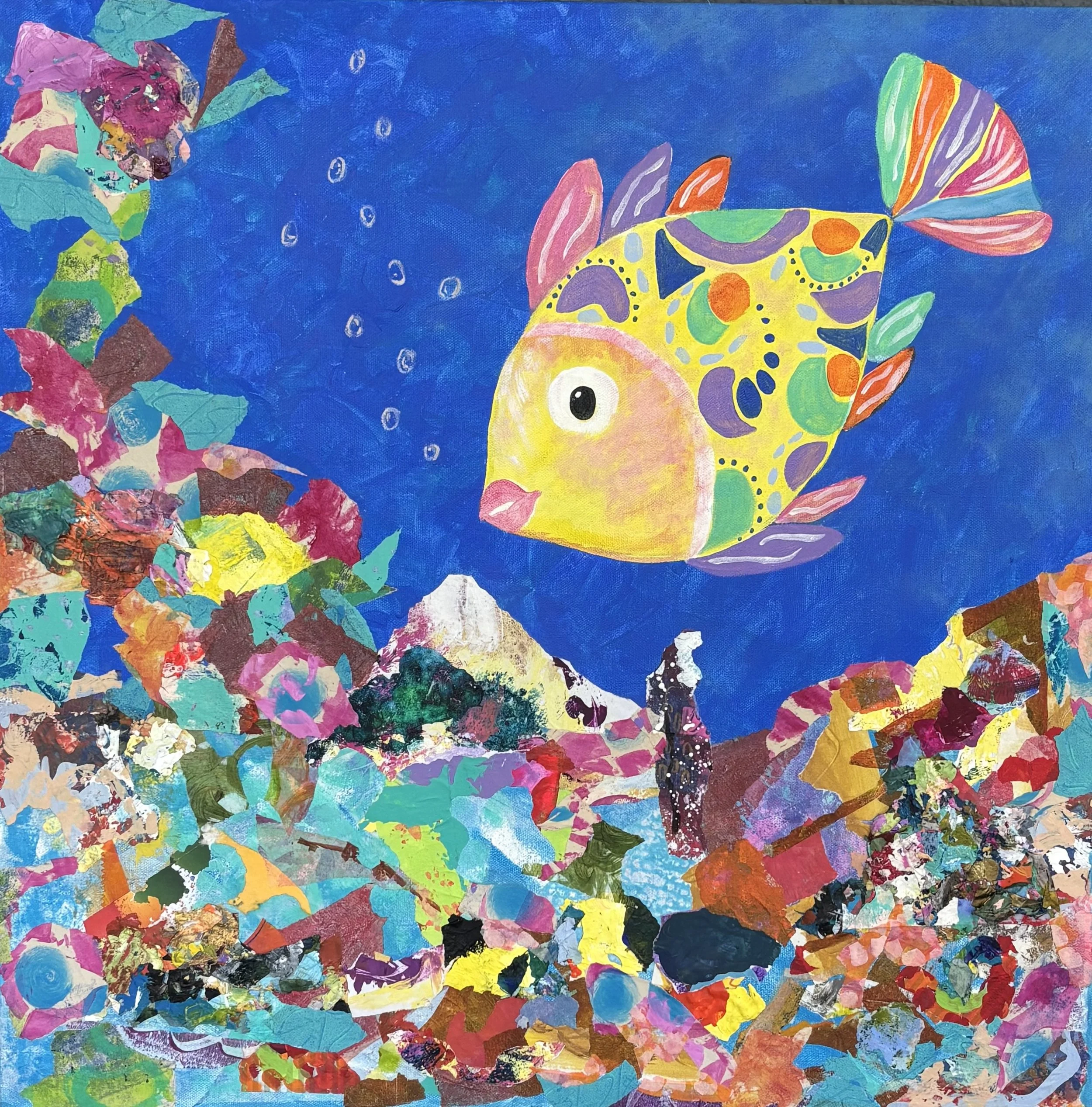 Coco Bevan; Where Waters Dream; Acrylic / Mixed Media; Combining acrylics with handpainted collage papers, creating richly dimensional work through a mix of mediums. Evoking the wonders of under the sea.; $575