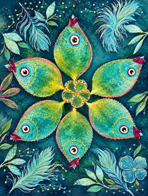 3rd Place Winner; Janet Bernardini; Feathery Friends; Wet Cyanotype; This themed exhibit challenged me to be more playful with my cyanotype photography and I found myself finding the smiles in nature’s oceanic forms. Digitally enhanced.; $275