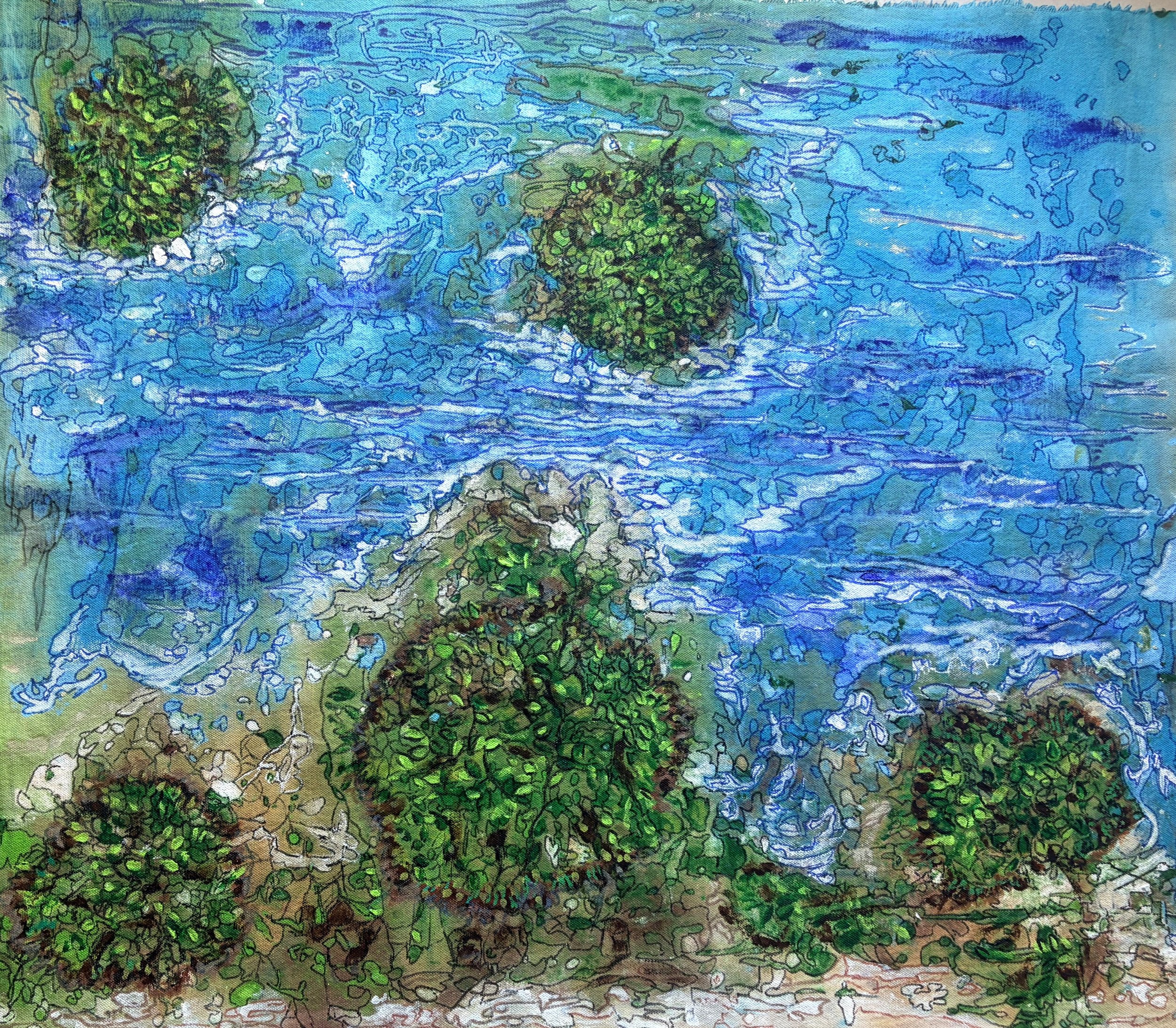Sandra LaPrall; Mapping the Mangrove Shallows; 30 x 26;  The focus of this piece is how the land, sea and mangrove canopies break apart into patterns as seen from above.  This was painted on raw, unstretched canvas with acrylics.; $795