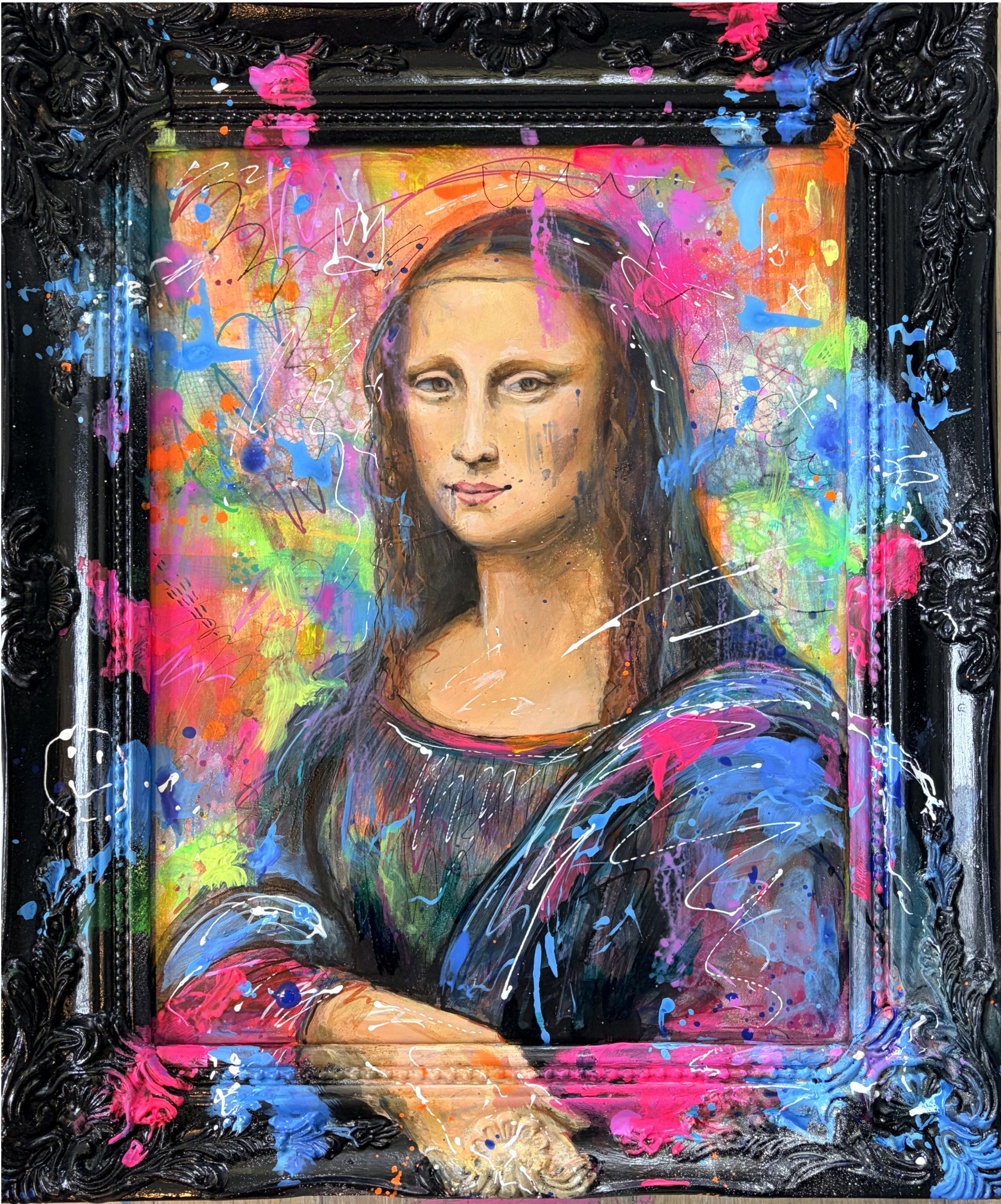 Michelle Delisle; My Mona; Acrylic on wood; My take on the classical Mona. Splashes, splatters and vibrant colors.; 15"x18"; 550