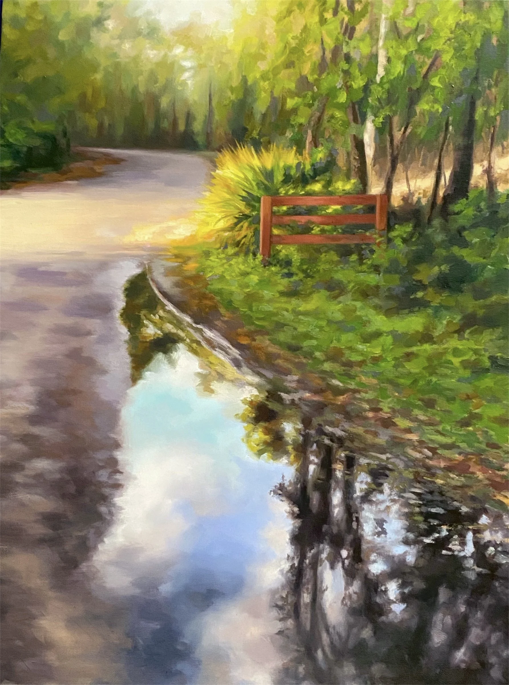 Erin McCullough; Goin’ Down the Road; Oil;  Sometimes I need a puddle to remind me how beautiful the sky is.; $600