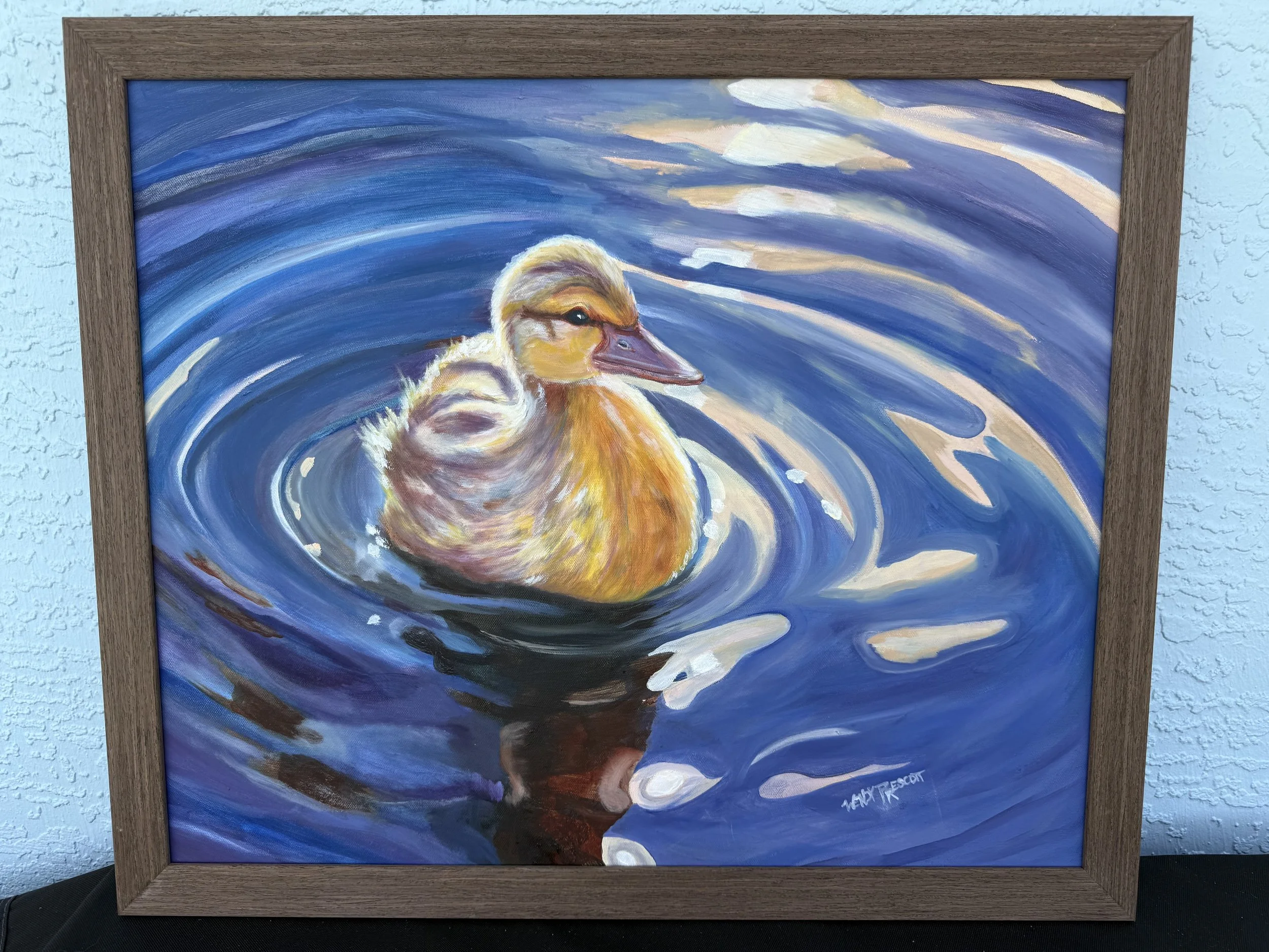 Wendy Prescott; On My Own; Oil; An Oil painting of a duckling making its first solo journey without Mama and siblings.; $475