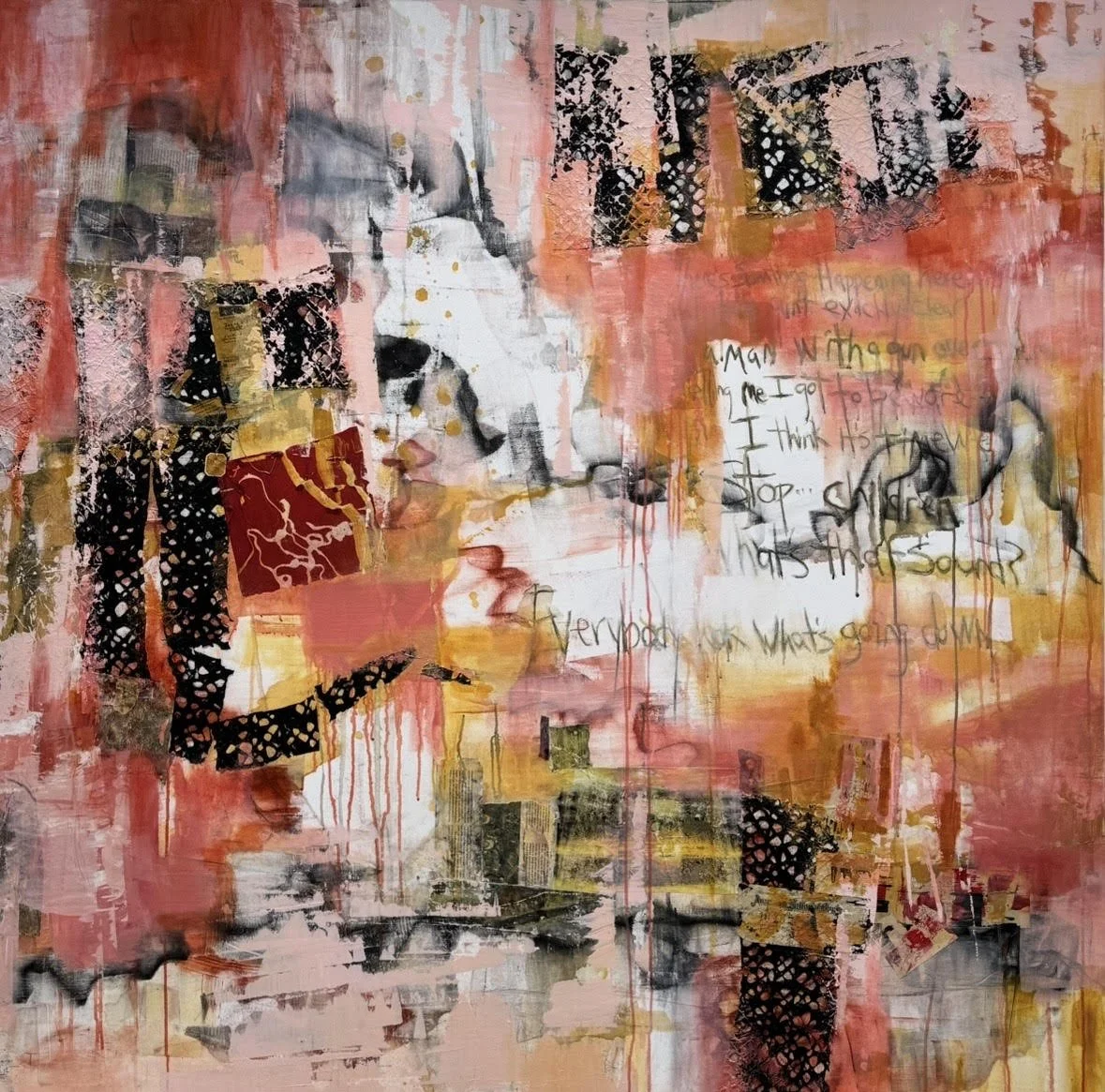 Tracy Lupanow; Cease-Fire; 60"x60"; Mixed Media; My painting is an expression of the anxiety I've been feeling, over the insidious violence and hate growing in our country and slowly damaging the psyche of the American people.; $3600