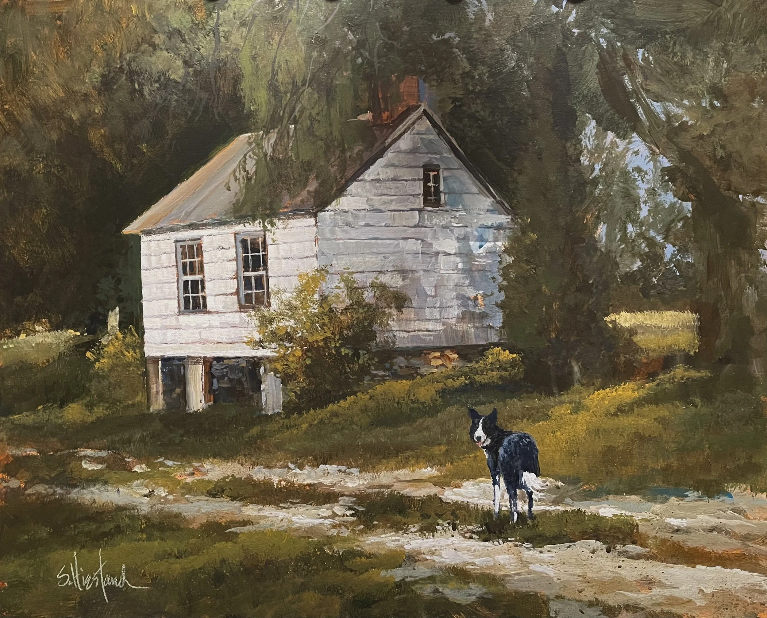 Scott Hiestand; The White House; No political statement here, just a nice little white house with a Border Collie headed home.; Acrylic: $1200
