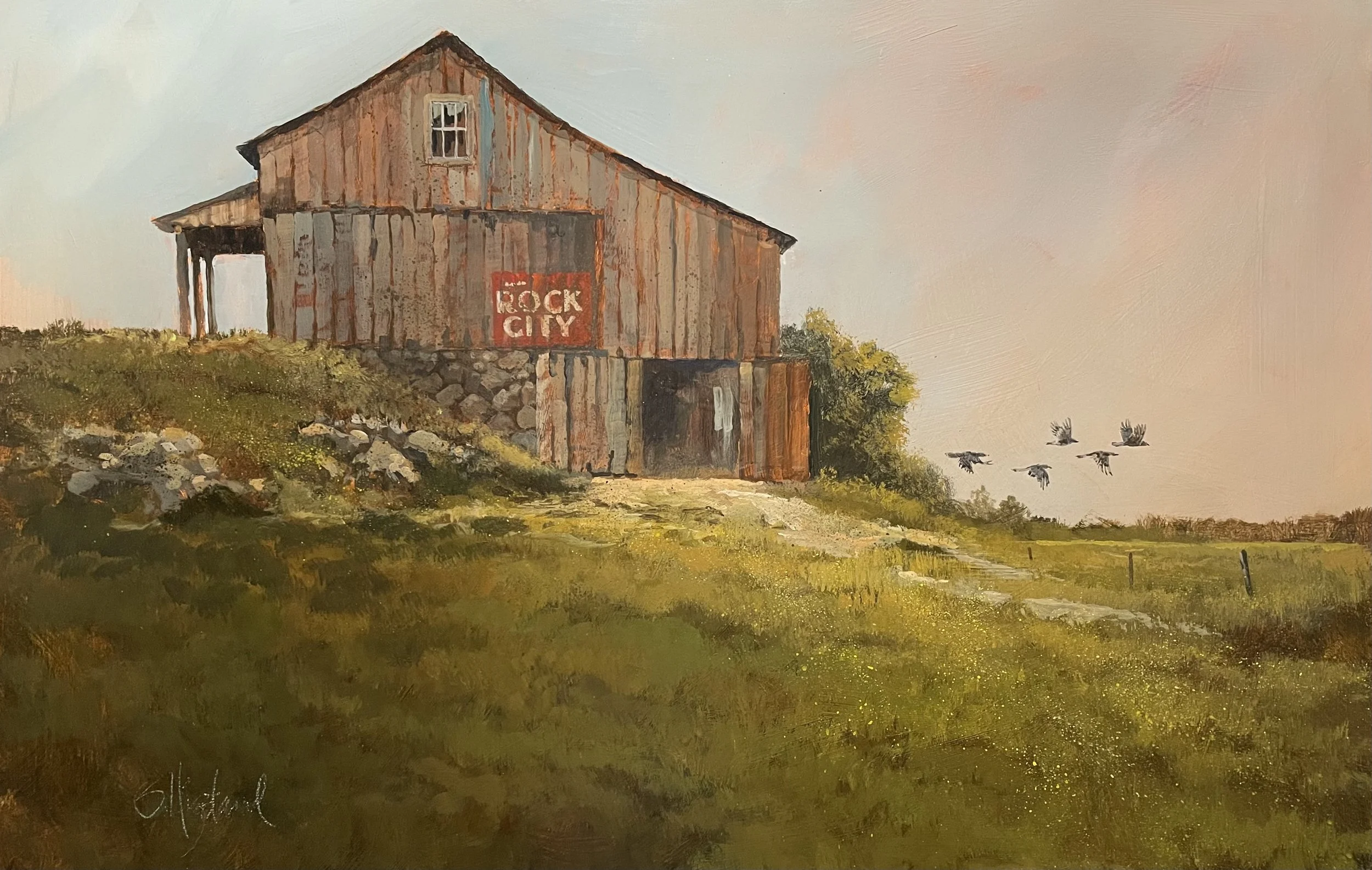 Scott Hiestand; Abandon; 20”x30”; Acrylic; I always remember seeing the Rock City signs as we traveled. Usually painted on the roof of old barns.; $1200
