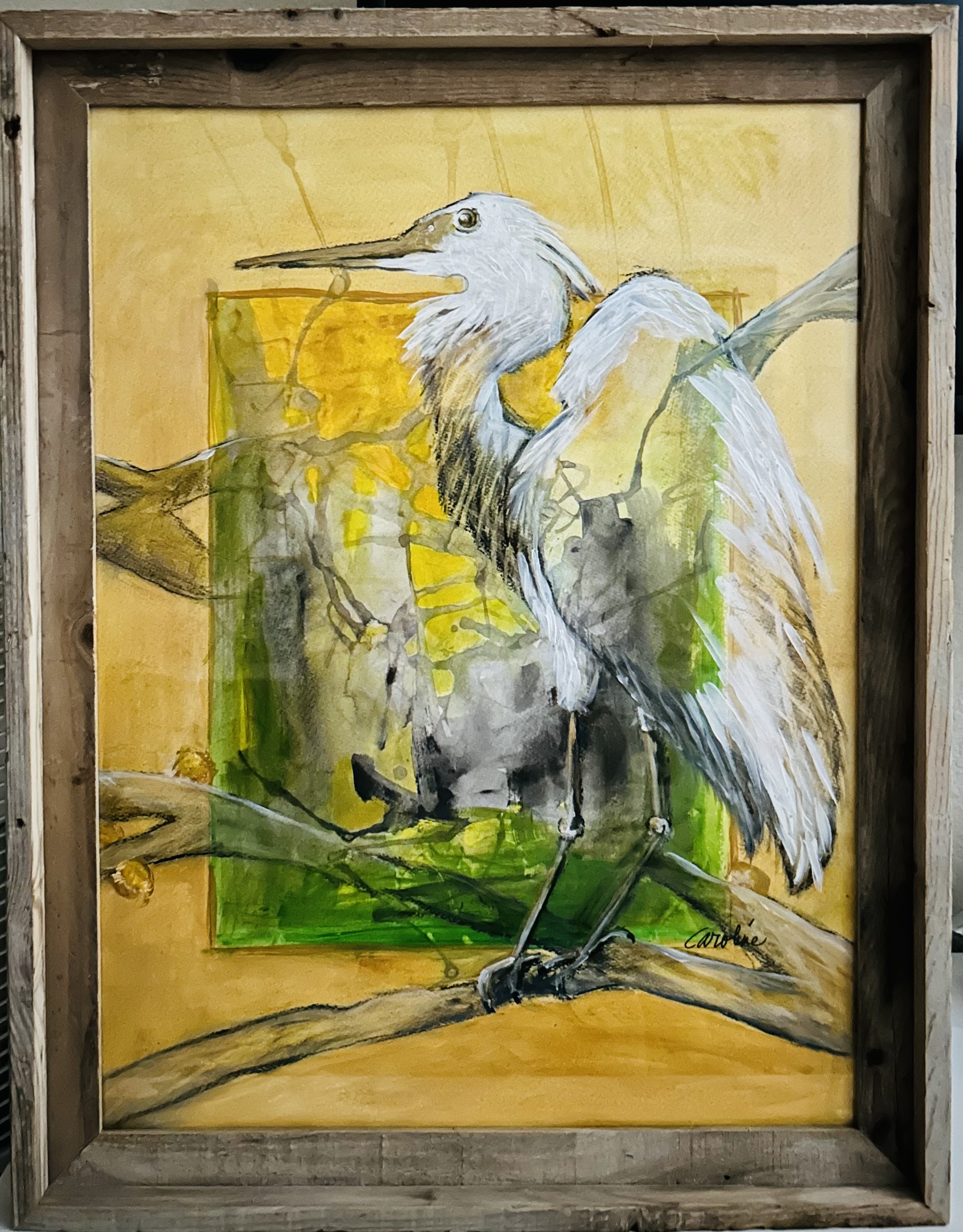 Caroline Crosby; Where I Learned to Fly; Mixed Media / Acrylic and Charcoal; The Crane calm and graceful stands to reinvent as I remember learning to walk again after being struck by a car when I was age of ten. Move forward walking, running, and fly
