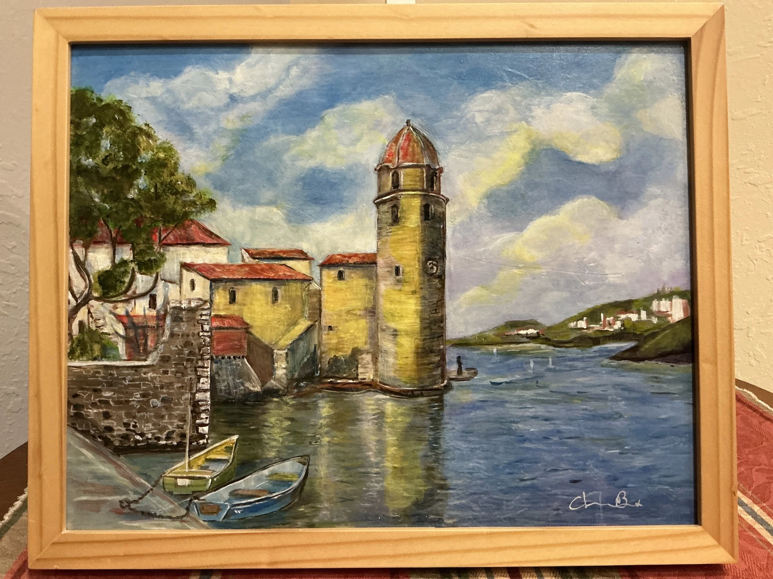 Christine Broussard; Collioure in Cathare Country, France; Acrylic on wood; 15x12.5 x 1.5; Collioure on the Côte Vermeille by the Spanish border inspired me to sketch and then paint Notre-Dame-des-Anges church, whose bell tower served as a lighthouse