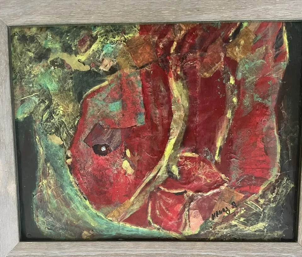 NC Hagood; Lipstick; Mixed Media; Once while snorkling met up with a Parrott Fish.  He became my muse for this piece.  He was so colorful and looked like he had lipstick on his lips, hence the title Lipstick.; $400