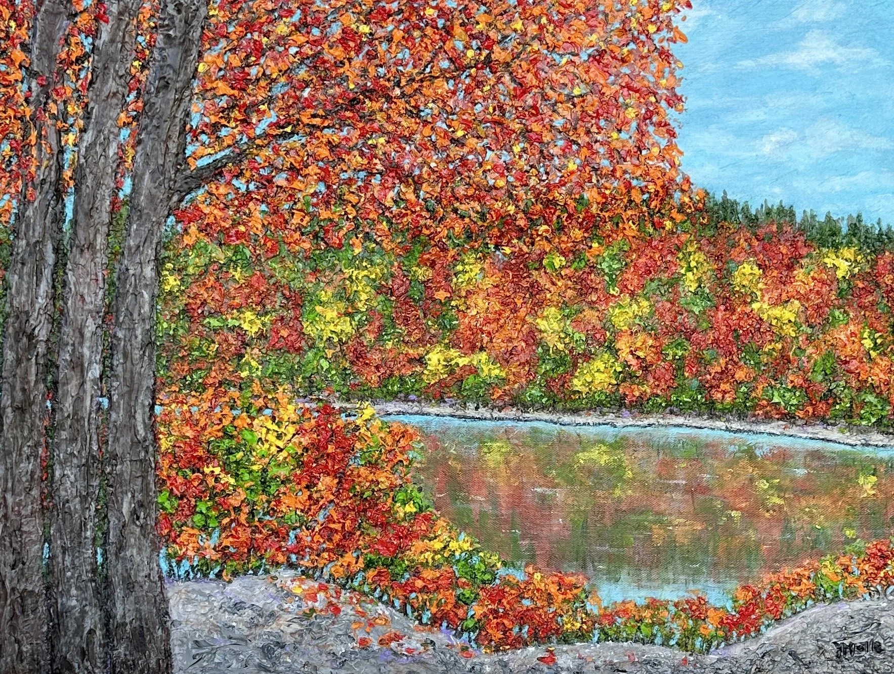 Yolanda Helle; When The Trees Turn; Acrylic; artbyyhelle1@gmail.com; 18x24; This painting is richly textured and alive with color and reflection. The vibrant trees are in shades of beautiful autumn colors that shimmer in the water below.; $550