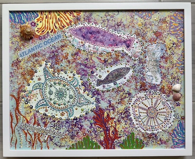 Sally Dayney; Undersea Garden; 21 1/4 x 17 1/4; Acrylic and mixed media; This piece includes paper cut outs applied to pressed hard board and painted with acrylic paint. This art has been sealed with Krylon gallery series UV archival varnish.; $975