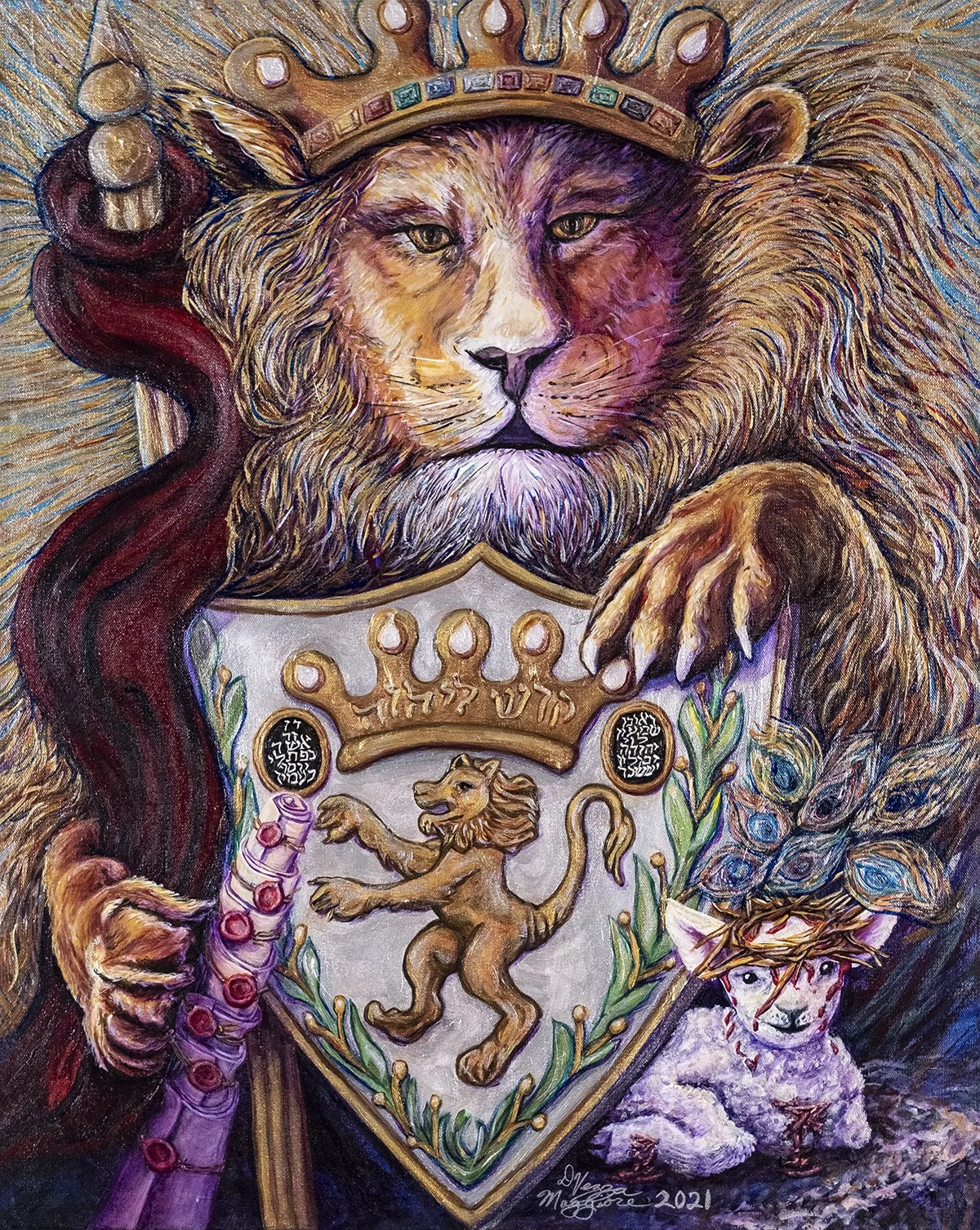 “Lion of Judah” - $10000 - Denise Vezza Maggiore - Acrylic - Regally arrayed with his royal crown, scepter, banner and heraldic shield. He holds a seven-sealed scroll and is accompanied by the Lamb of God.
