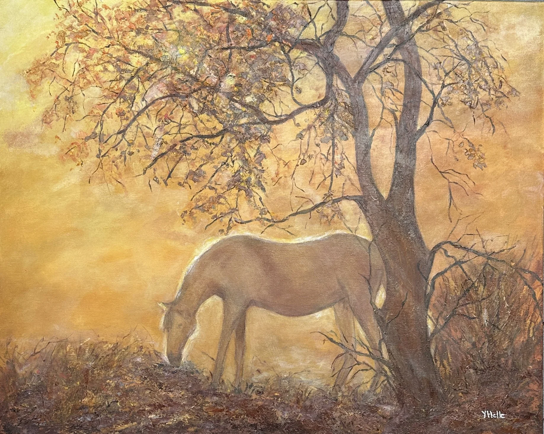 Yolanda Helle - “Spirit in the Mist” - 30”x24” - Acrylic - A lone horse stands beneath a morning sky, wrapped in soft mist and golden light. Gentle layers of subtle colors create a quiet, spiritual moment between animal, land, and sky. - $700 