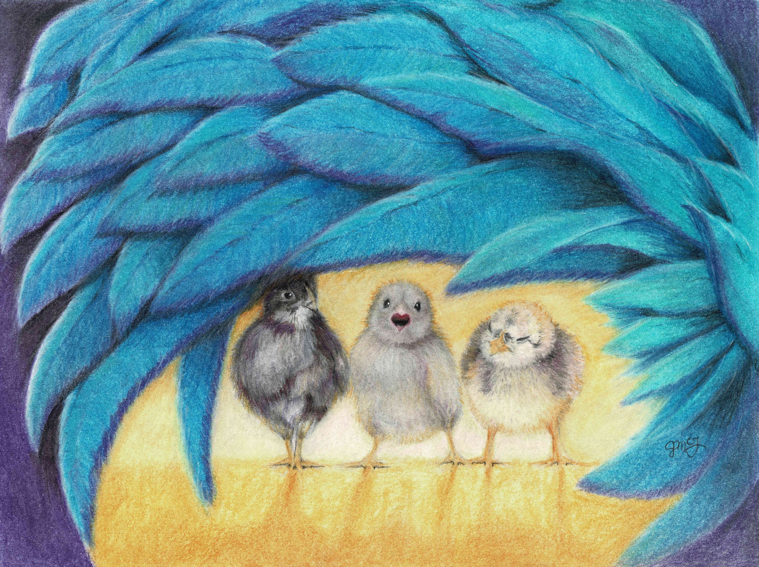 "Singing In The Shadows" - Wildlife Whispers - 2024  Pastel Pencil, Colored Pencil, and PanPastel on Pastel Paper. 9 x 12 Framed Original: $350. Giclee Prints Available. 
“… for you have been my help, and in the shadow of your wings I will sing for j