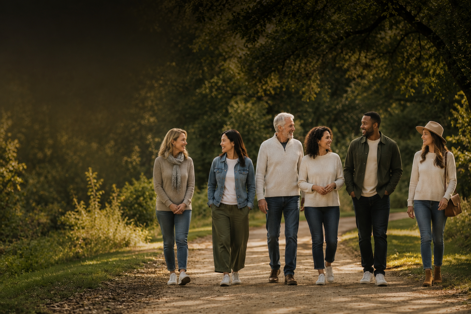 Diverse people walking on a path in woods.