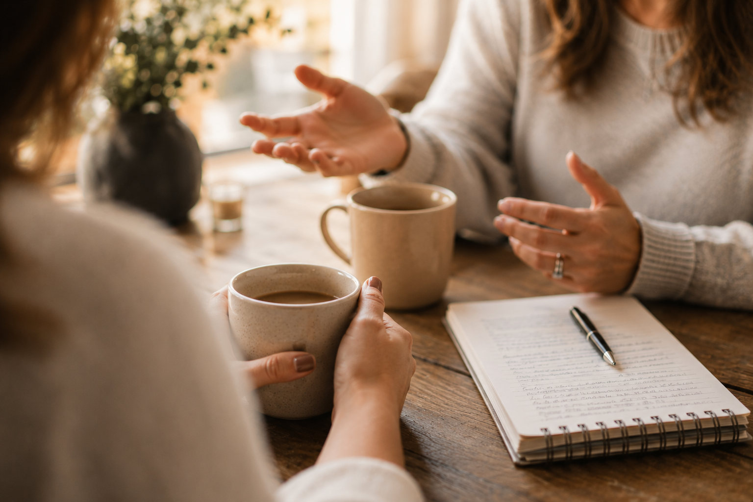 two women having coffee. No distinct faces are shown.