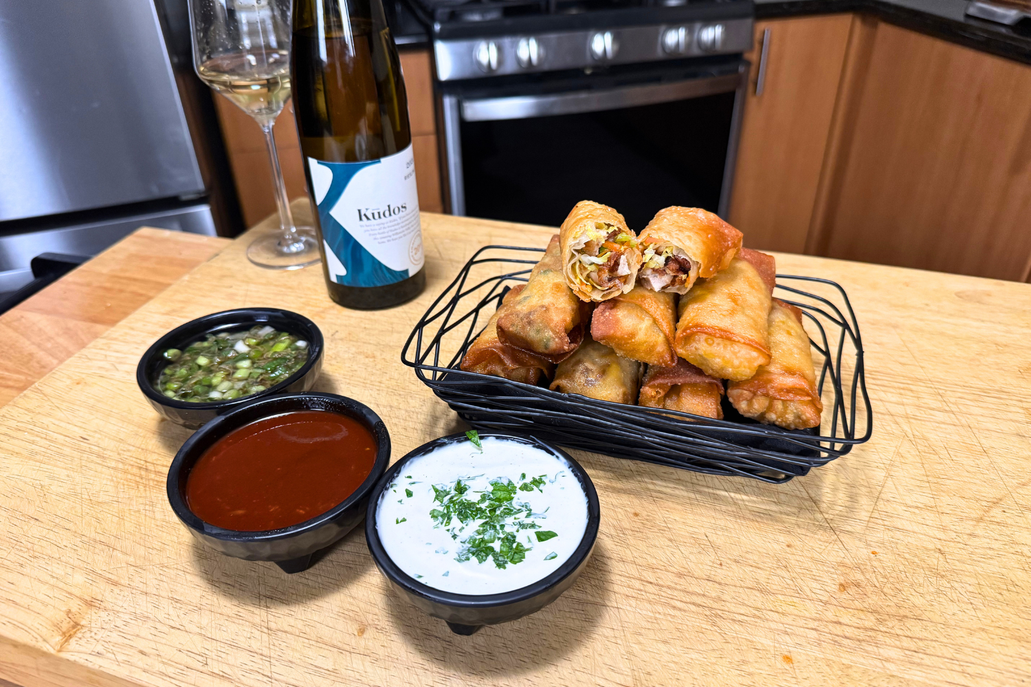 Southern Fried Chicken &amp; Kimchi Egg Rolls with Three Dips