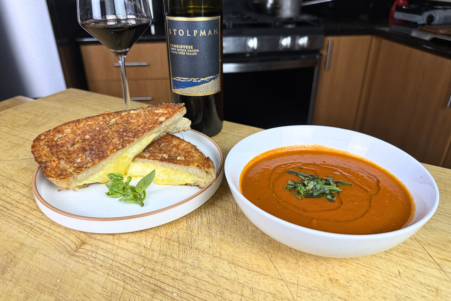 Creamy Tomato Parmesan Soup with Three Cheese Grilled Sandwich