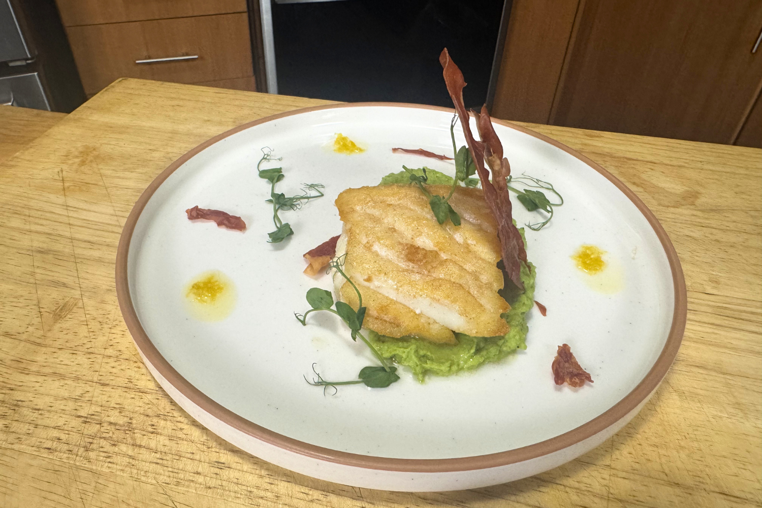 Pan-Seared Halibut with Spring Pea Purée, Crispy Prosciutto