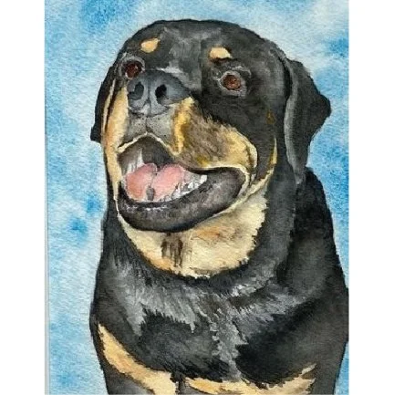 watercolor painting of rottweiler black and brown qith pink tonguedog