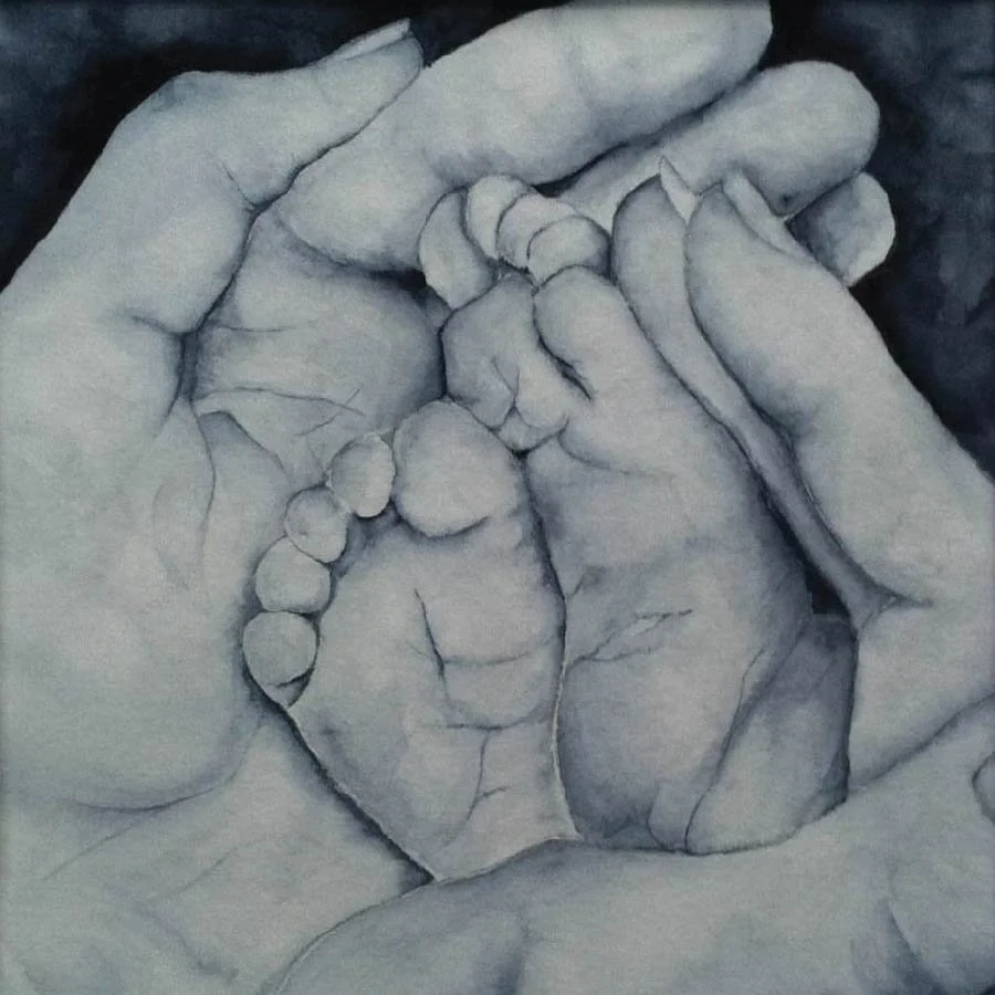 watercolor gray scale mom hands holding baby feet
