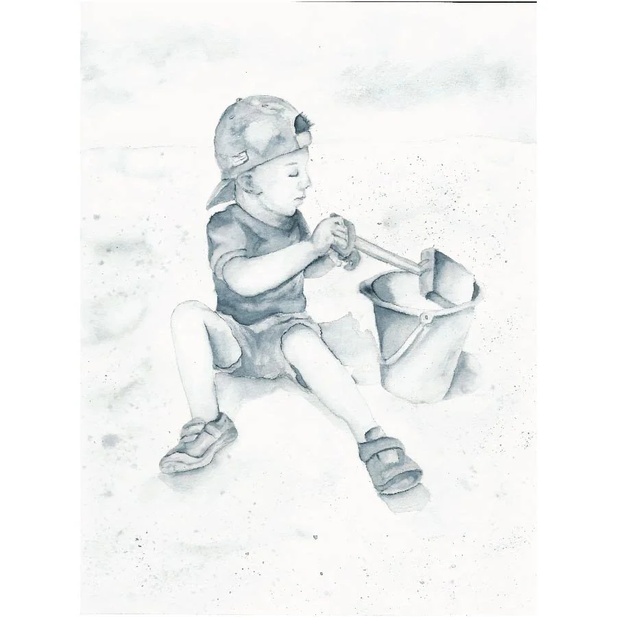 little boy playing in sand with pail and shovel watercolor grey scale