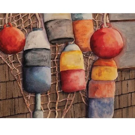 watercolor of colorful buoys on a warn wood beach shed with fishermans nets