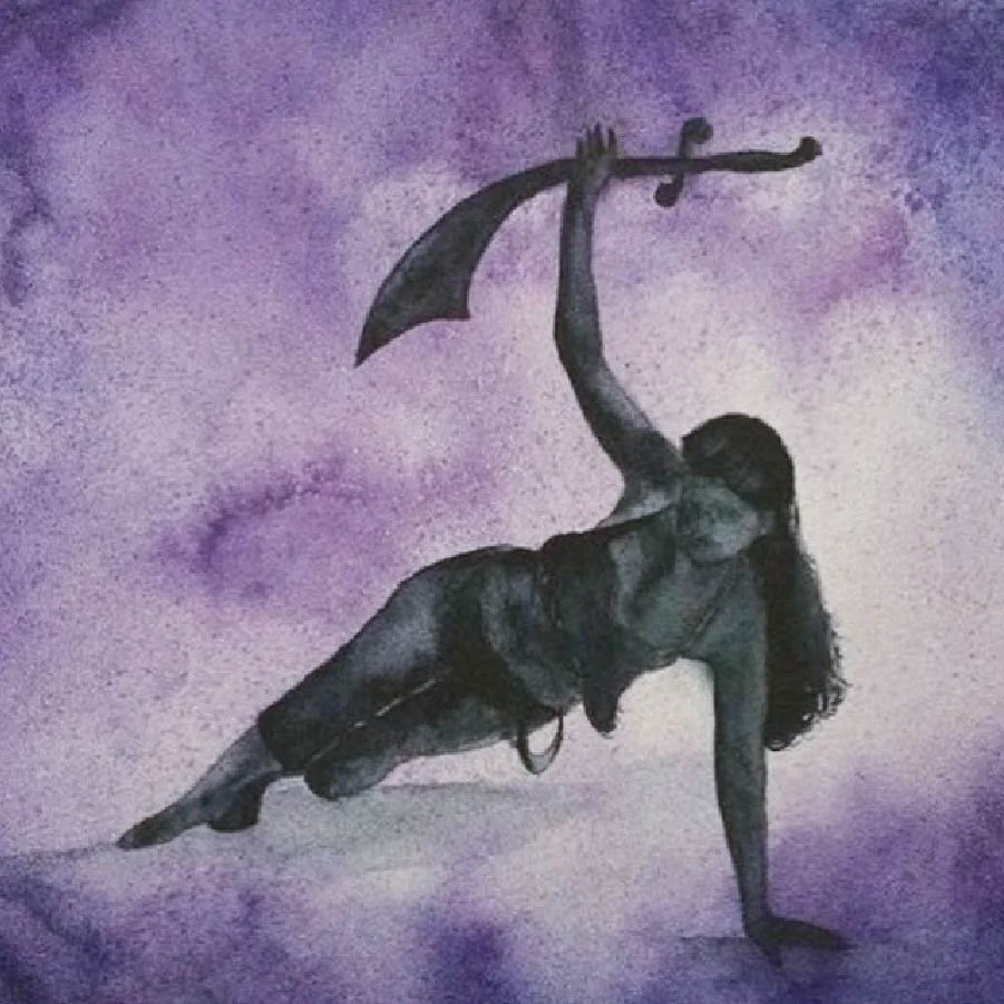 belly dancer with sword gray scale with purple watercolor background