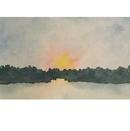 Watercolor of evergreen forest with sunin pinks yellows and oranges  rising over the snow with blue clody sky abstract landscape