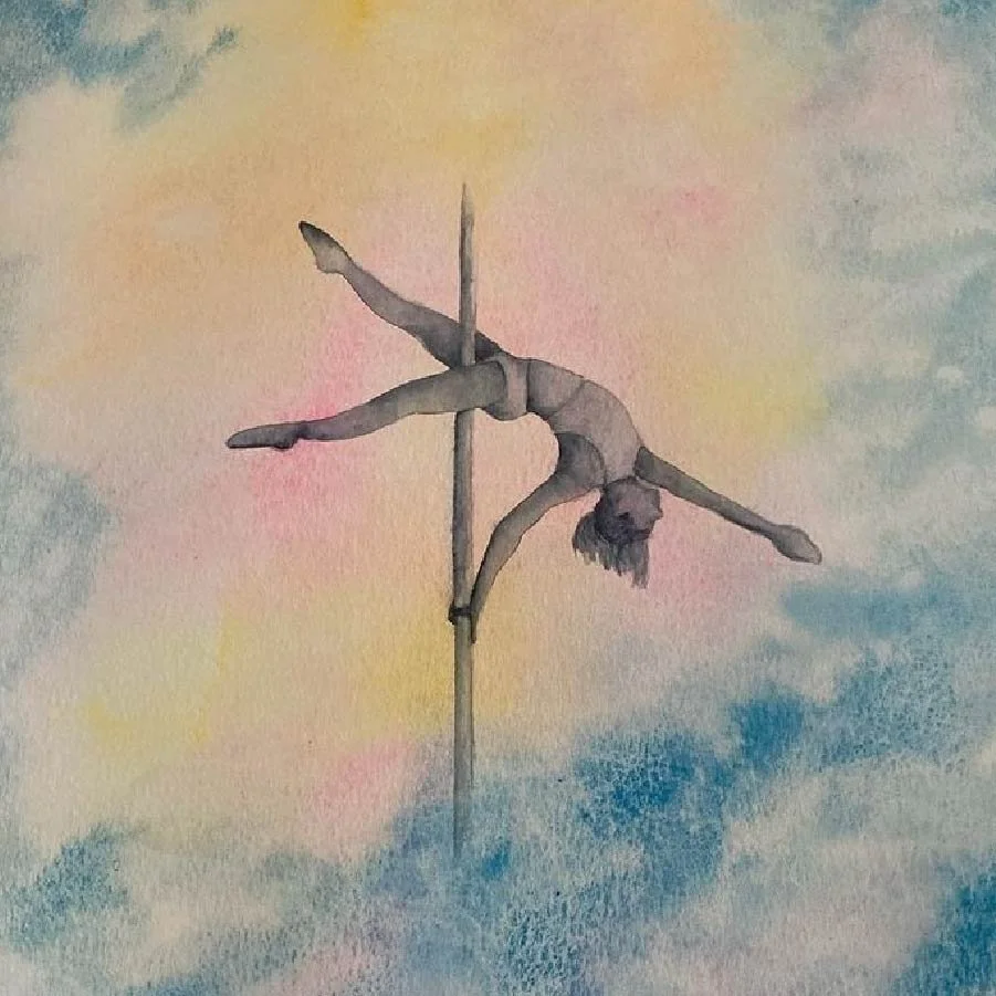 watercolor blue pink yellow background with gray scale dancer figure