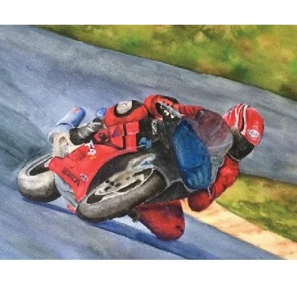 watercolor red motorcycle with biker wearing red suit and helmet on gray road with green grass