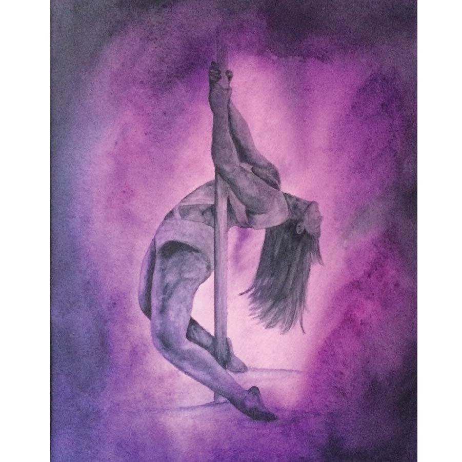 gray scale dancer on a black purple pink watercolor background