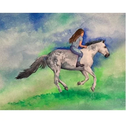 watercolor of girl riding her white and gray paint horse with blue sky and bright green grass