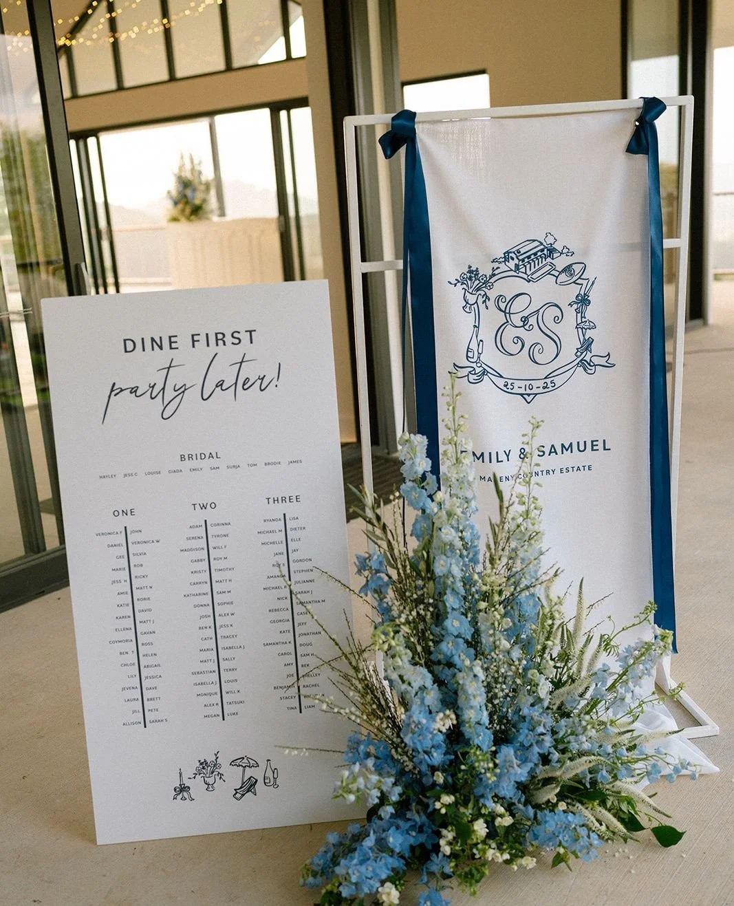 Blue, white, green &amp; pale timber &mdash; a timeless palette of purity, poise, and modern romance for our Newlyweds🩵⁠
⁠
Planning, Styling, Signage &amp; Stationery: @lovebirdweddings⁠
Florist: @floristrie2025⁠
Venue: @malenycountryestate @malenyw