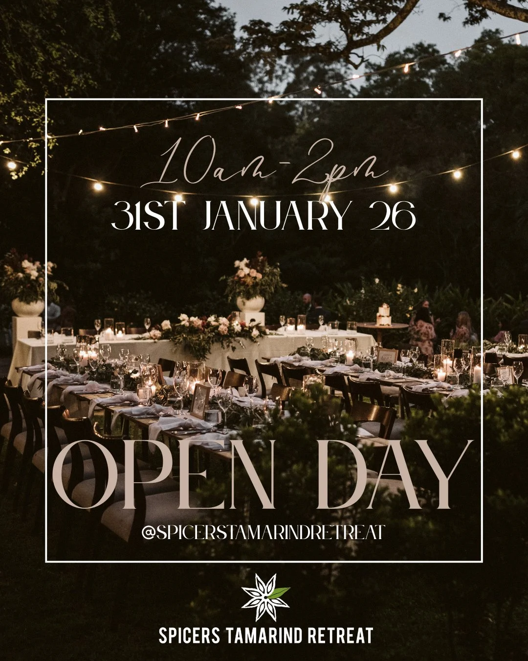 SPICERS TAMARIND RETREAT OPEN DAY - 31st January 2026🤎⁠
⁠
Explore a magical rainforest ceremony space, beautifully styled reception setup, and meet a curated selection of professional wedding suppliers. Come along and join us from 10am-2pm, we are s