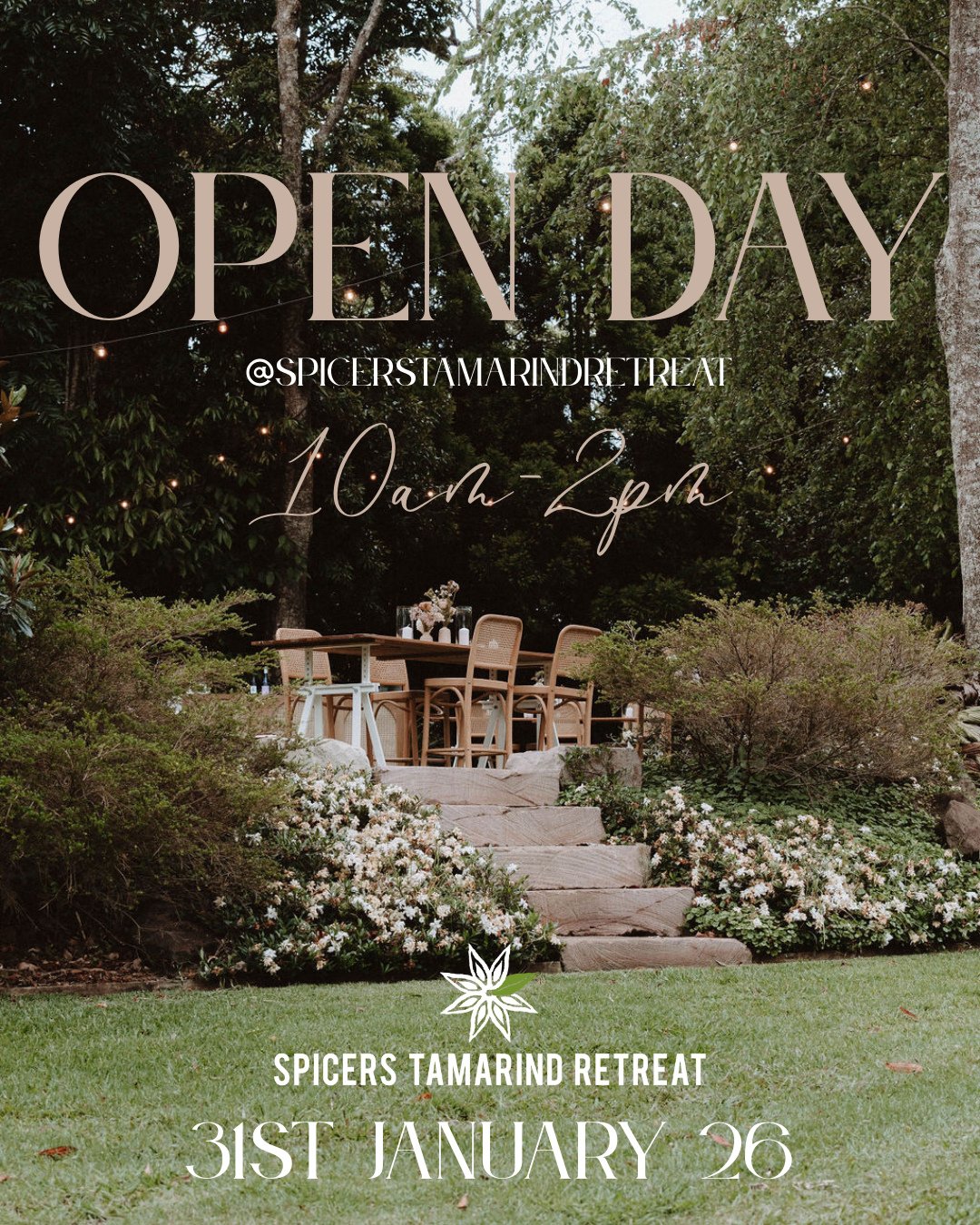 SPICERS TAMARIND RETREAT OPEN DAY - 31st January 2026🤎⁠
⁠
Explore a magical rainforest ceremony space, beautifully styled reception setup, and meet a curated selection of professional wedding suppliers. Come along and join us from 10am-2pm, we are s