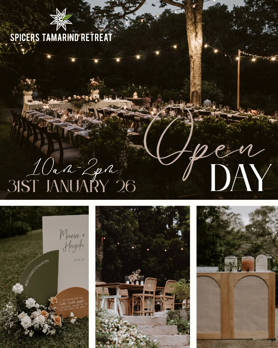 SPICERS TAMARIND RETREAT OPEN DAY - 31st January 2026🤎⁠
⁠
Explore a magical rainforest ceremony space, beautifully styled reception setup, and meet a curated selection of professional wedding suppliers. Come along and join us from 10am-2pm, we are s