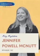 Black-and-white headshot of Jennifer Powell McNutt smiling, with a yellow background and a purple banner at the top. Text includes her name and episode number of a podcast or interview.
