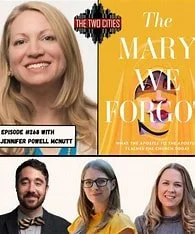 A collage featuring two women, one with blonde hair, and a book cover titled "The Mary We Forgive". The book cover is orange with white and yellow text. There is also a lower row with a man and a woman, both smiling, and another woman with glasses an