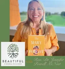 A smiling woman with blonde hair wearing an orange top, standing outdoors with a colorful background and promotional text for an event or book titled 'Mary' with Rev. Dr. Jennifer Lomeli, D.C. L.I.U.