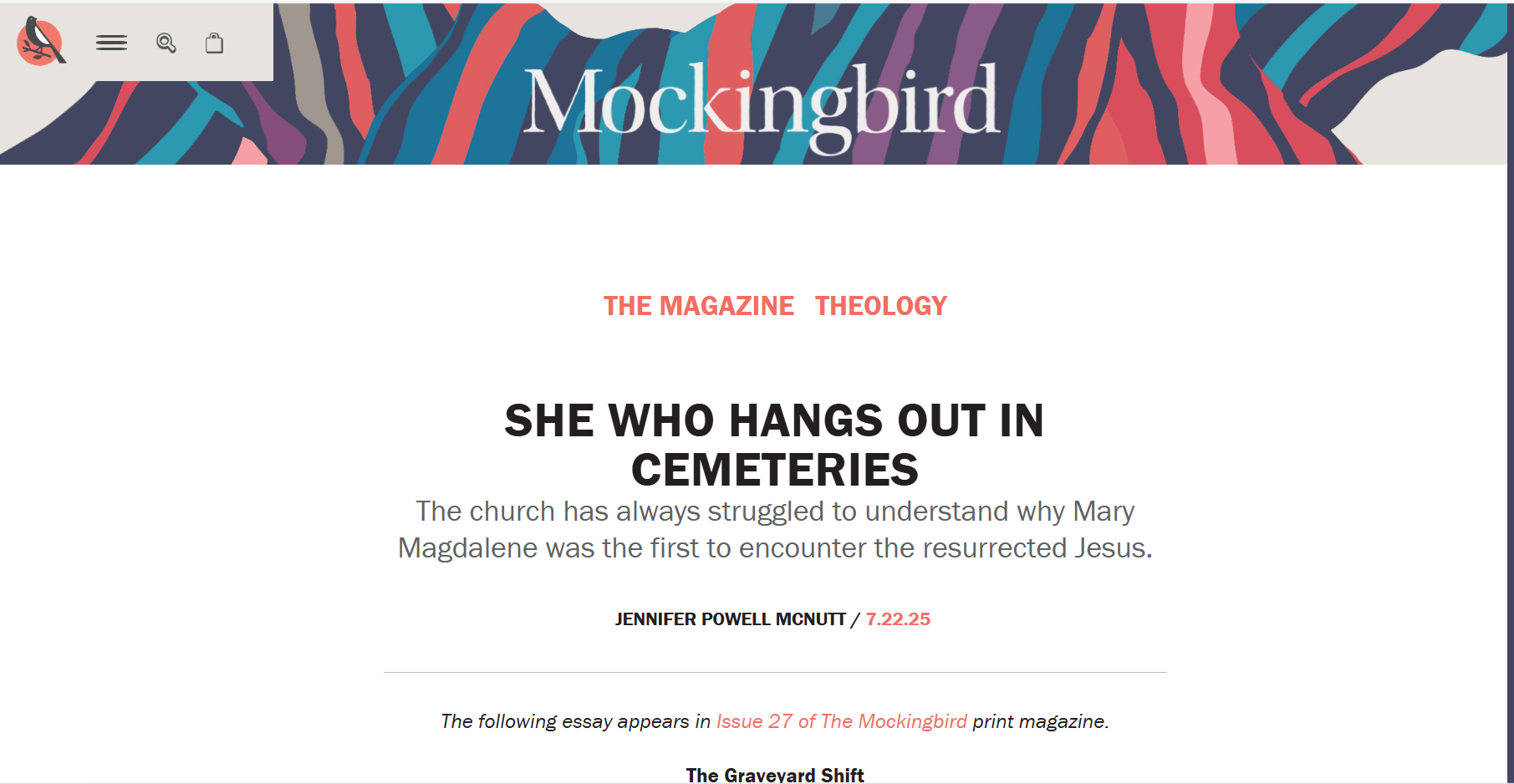 Screenshot of a webpage from the magazine Mockingbird, featuring an article titled "She Who Hangs Out in Cemeteries" by Jennifer Powell McNutt, published in issue 27 on July 22, 2025. The header has a colorful, abstract background with the magazine's name and tagline.