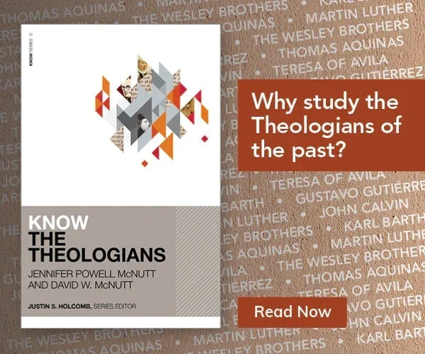 Book cover titled "Know the Theologians" by Jennifer Powell McNutt and David W. McNutt, with geometric design and a background listing historical theologians' names.