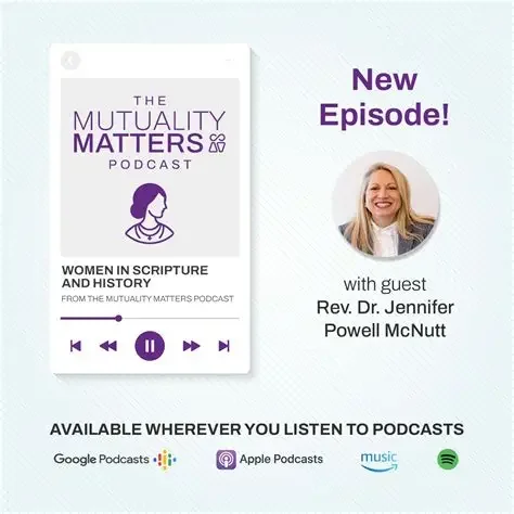 Podcast promotional graphic for "The Mutuality Matters Podcast" featuring a new episode with guest Reverend Dr. Jennifer Powell McNutt, including platform icons for Google Podcasts, Apple Podcasts, Amazon Music, and Spotify.