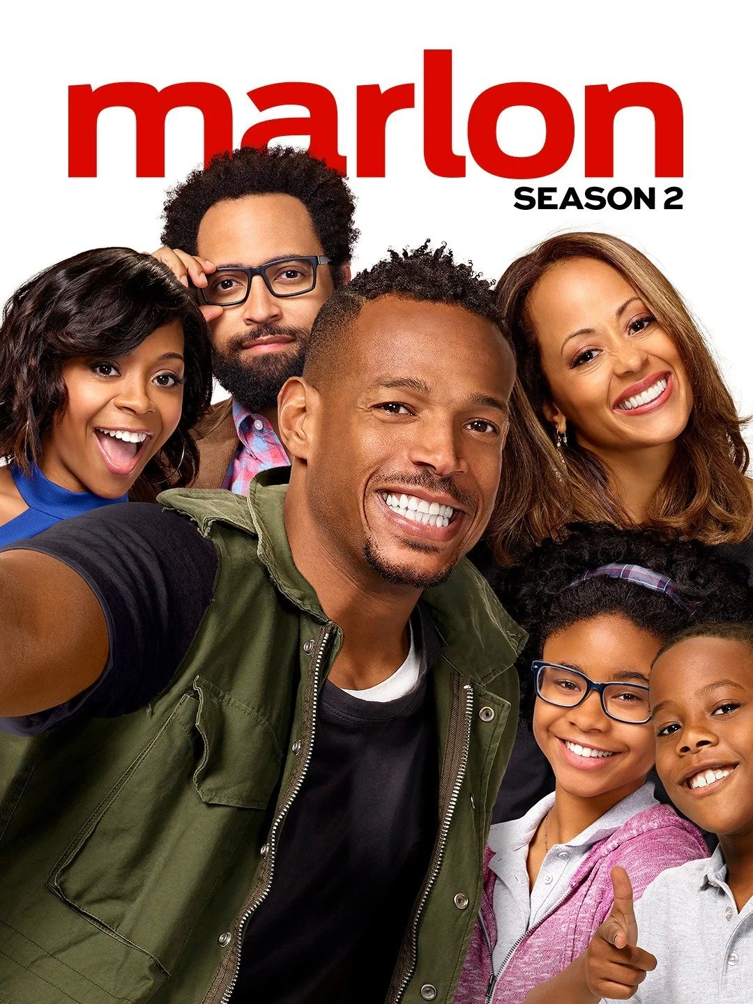 Promotional poster for the TV show 'Marlon', season 2, featuring a group of diverse smiling people.